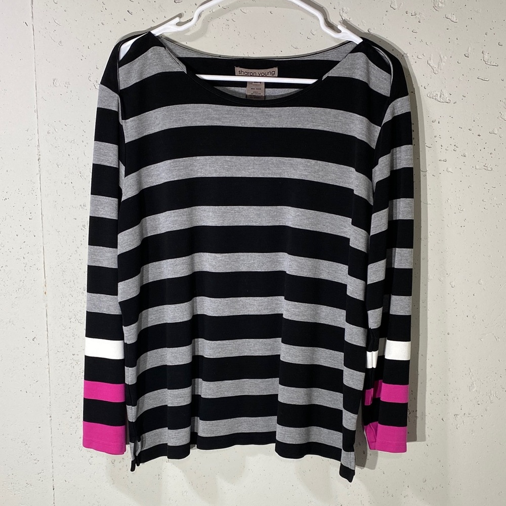 Sharon Young Black and Gray Striped Long Sleeve Top